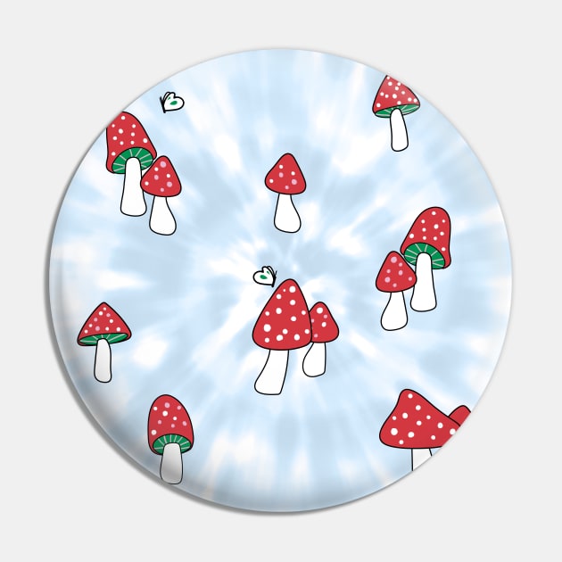 Aesthetic Red Hatted Mushrooms and Butterflies on a Light Blue Pastel Tie Dye Background Pin by YourGoods