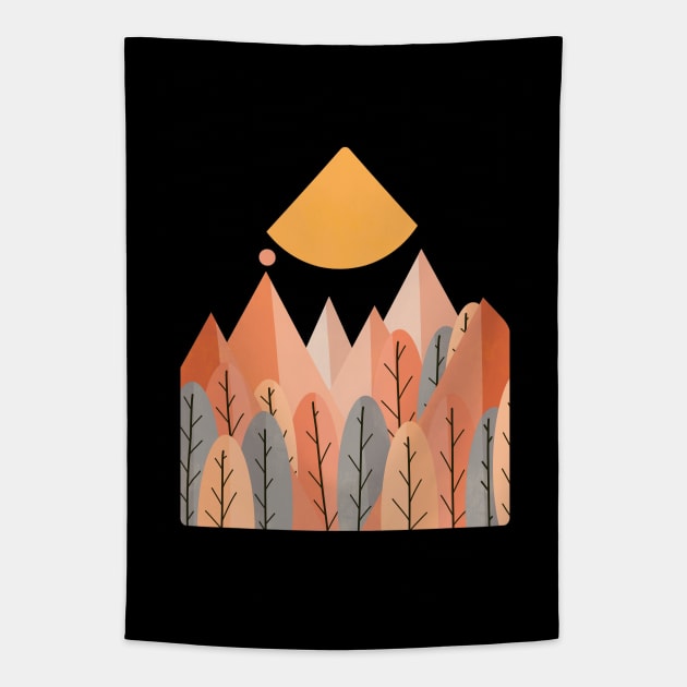 The grey and orange forest peaks Tapestry by Swadeillustrations