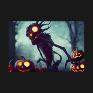 A Scary Monster and Pumpkins OnThe Background Of The Night Forest T-Shirt