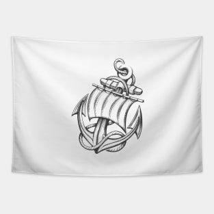 Ship Anchor with Sail and Ropes Tattoo drawn in Engraving Style. Tapestry