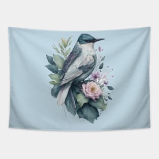 Little Bird around Flowers: Scattered Watercolor in Pastel Colors Tapestry