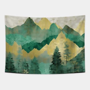 Green and Golden Textured Marbled Mountains with Trees Tapestry