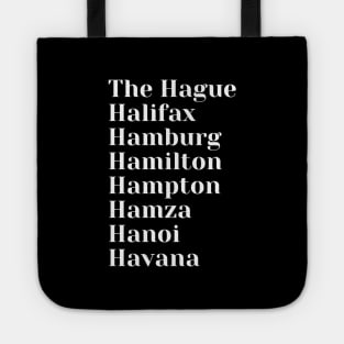 Cities starting with the letter, H, Mug, Mask, Pin Tote