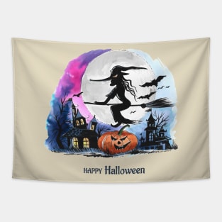 Happy Halloween Flying Witch Tapestry