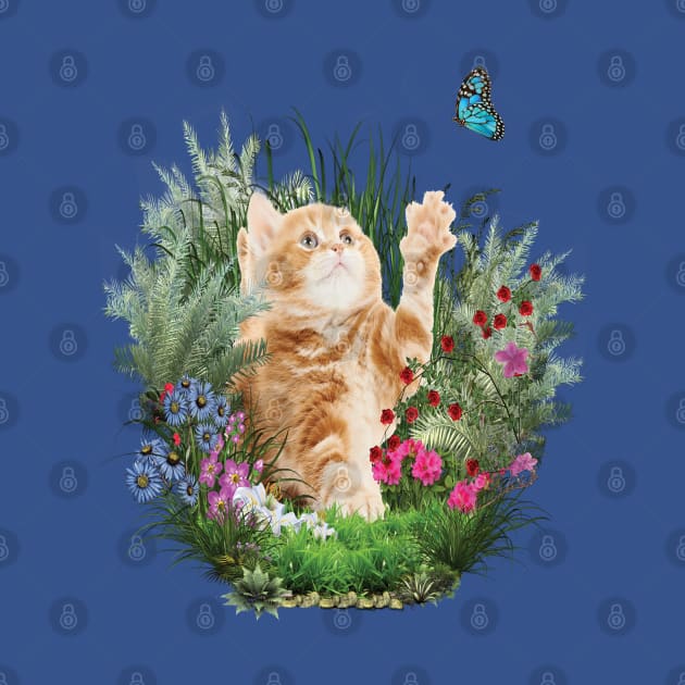 Ginger kitten playing with a blue butterfly by Just Kidding by Nadine May