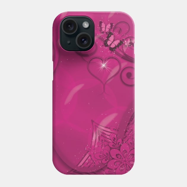 Hearts Twinkling, Vines Creeping, Butterflies Flying, Bubbles Floating , Flowers & Leaves in a Fantasy World of Pink Phone Case by karenmcfarland13
