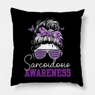 Messy Hair Bun Purple Ribbon Butterfly Sarcoidosis Awareness Pillow