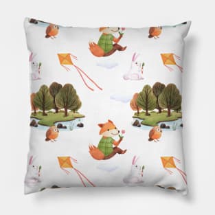 Happy Fox and Bunny in the Forest Illustration Pillow