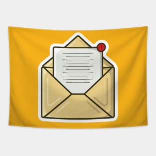 Open Mail Envelope with Paper Document and Notification Sticker design vector illustration. Office equipment icon concept. Office email letter in envelope sticker design logo with shadow. Tapestry