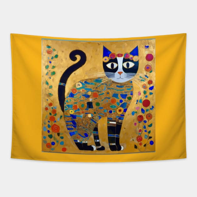 Tuxedo Cat in Colorful Flower Garden Tapestry by bragova