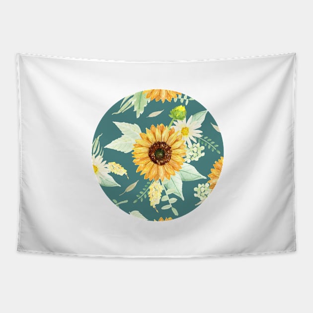 Sunflowers and Daisies Bouquets | Watercolor | Green | Pattern Tapestry by Harpleydesign