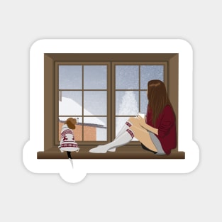 Girl and beagle dog sitting on the window. winter landscape Magnet