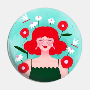 Happy girl with flowers and dragonflies, version 5 Pin