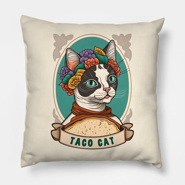 Taco Cat Cinco De Mayo Funny Floral Cat Lover Mexican Fiesta Pillow by Ai Wanderer