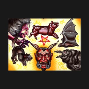 devil tattoo flash, evil witch, bat, black cat T-Shirt