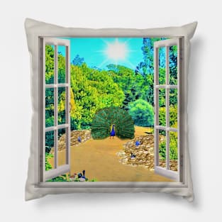 Garden Window View with Birds Pillow