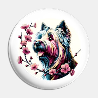 Skye Terrier Enjoys Spring Amidst Cherry Blossoms Pin