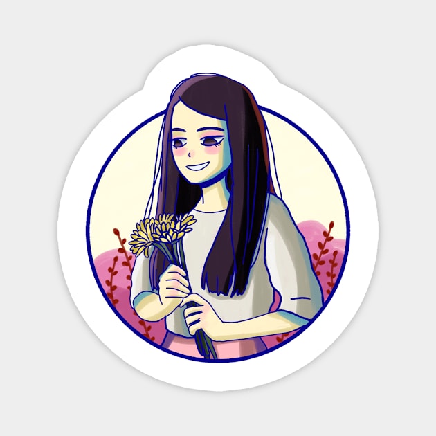 Cute girl holding yellow flowers Magnet by Mayarart