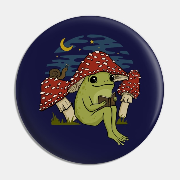 Cute Frog in Mushroom Hat Reading a Book, Goblincore Toad Toadstool Under Starry Cottagecore Sky Pin by Ministry Of Frogs