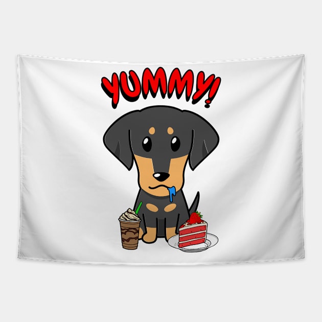 Cute dachshund dog is having coffee and cake Tapestry by Pet Station