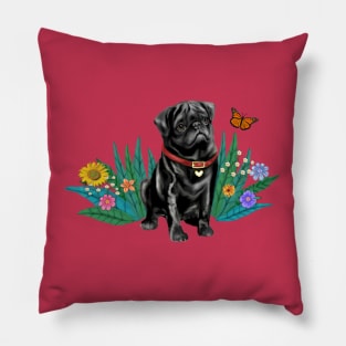 The Butterfly and Black Pug Pillow