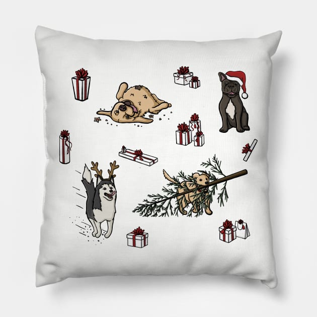 Malamute, Golden Retriever, Labrador, French Bulldog Christmas Dog And Gifts Pattern Digital Illustration Pillow by AlmightyClaire