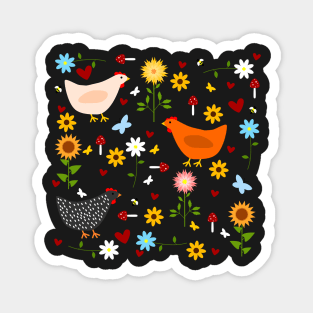 Chickens in the Garden with Sunflowers, Daisies, Dahlias, Hearts, and Mushrooms Magnet