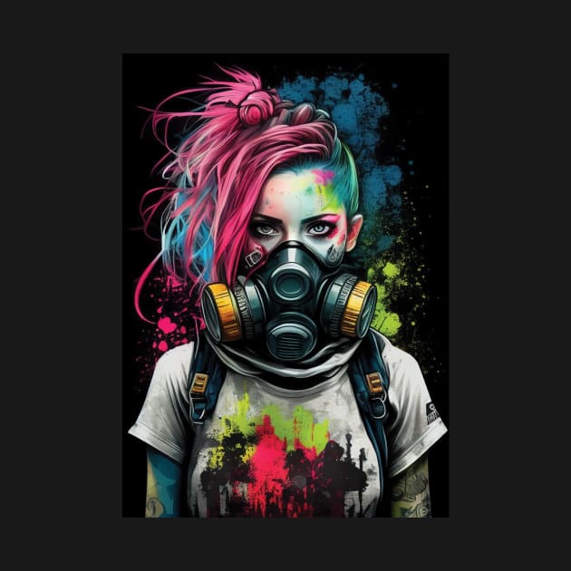 Punk Girl Wearing Gas Mask | Post-apocalyptic | Anarchist Streetwear | Punk Fashion | Colorful Punk Artwork | Tattoos and Piercings | Paint Splash by GloomCraft