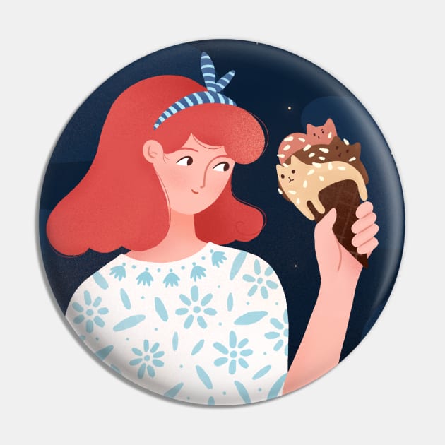 Cute girl with ice cream plants and cats, version 1 Pin by iulistration