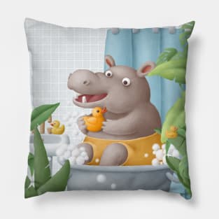 Cute hippo taking shower Pillow