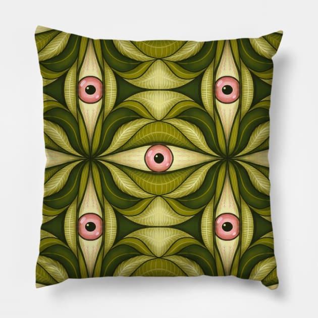 Ghost Eyes Plant Botanical Pattern Green Pink Pillow by Boriana Giormova