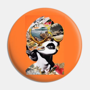 Surreal Woman Orange Collage - Unique Art Print, Apparel, and Accessories Pin