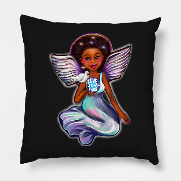 Angel with dove love joy and peace iii - Black angel of peace ! With glow, Afro hair, green eyes, Cherry pink lips and dark brown skin. Hair love ! Pillow by Artonmytee