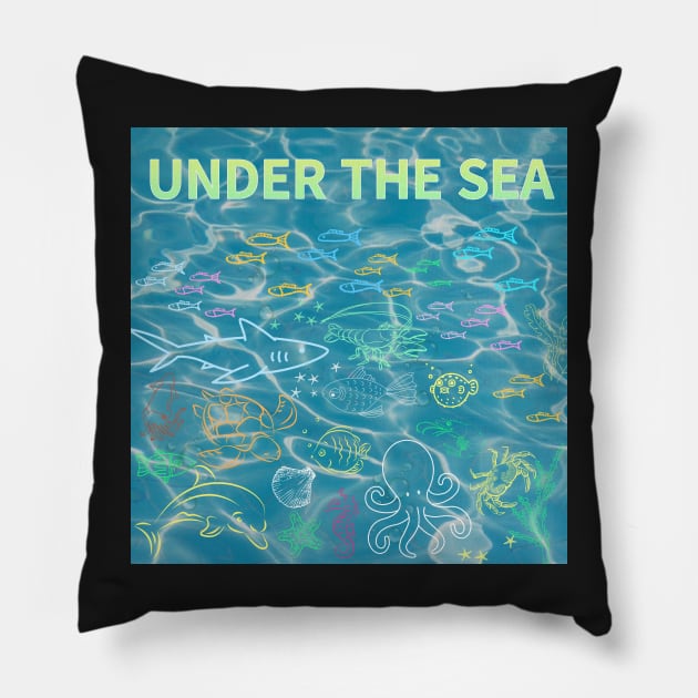 under the sea,blue sea,sea creatures,Turtle, puffer fish, starfish, shrimp, shark, tropical fish, sea horse, seaweed, sardines, squid, crabs, clams Pillow by zzzozzo