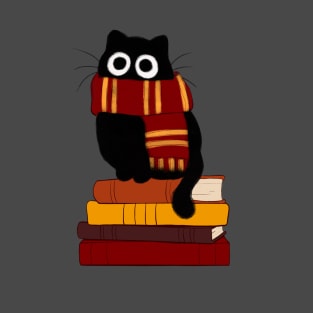 cat with red scarf on book stack T-Shirt