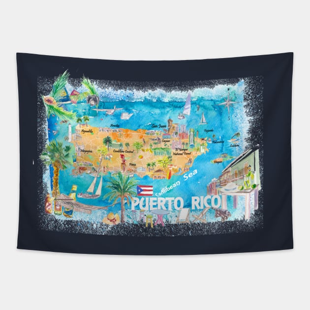 Puerto Rico Islands Illustrated Travel Map with Roads and HighlightsS Tapestry by artshop77