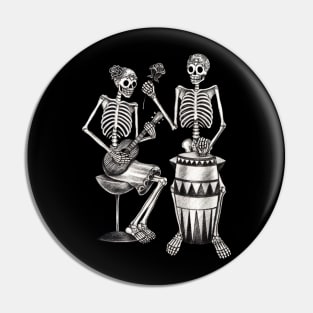 Sugar skull couple lover playing drum and ukulele celebration day of the dead. Pin