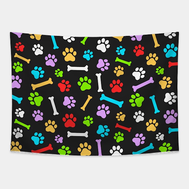 Colorful Dog Paw & Bones Seamless Pattern on Black Background Tapestry by DesignWood Atelier