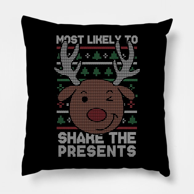 Most Likely to Shake the Presents // Funny Ugly Christmas Sweater // Winking Reindeer Pillow by SLAG_Creative