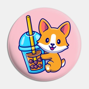 Cute Corgi Dog With Bubble Milk Tea Cartoon Pin