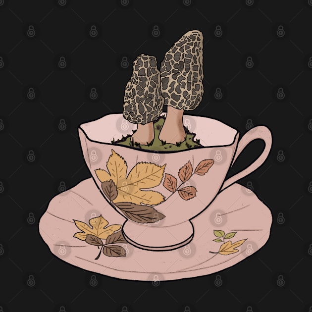 Autumn Cottagecore Morel Mushrooms Tea cup by JuneNostalgia