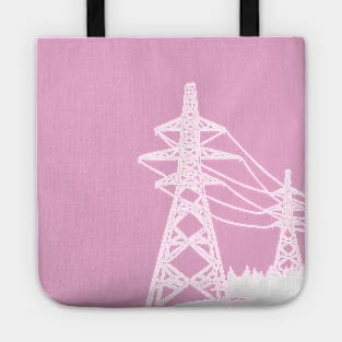 Electricity Pylons Lino Print Silhouette in White and Pink Tote