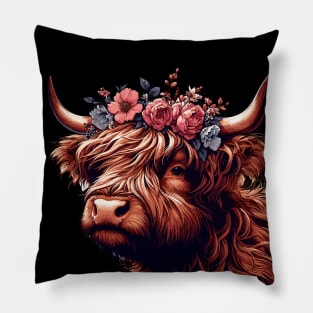 Funny scottish highland cow with flower crown Pillow