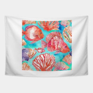 Corals and tropical fish on turquoise watercolor Tapestry