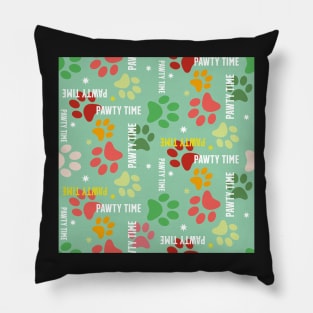 pawty time – paw prints on green seamless repeat pattern Pillow