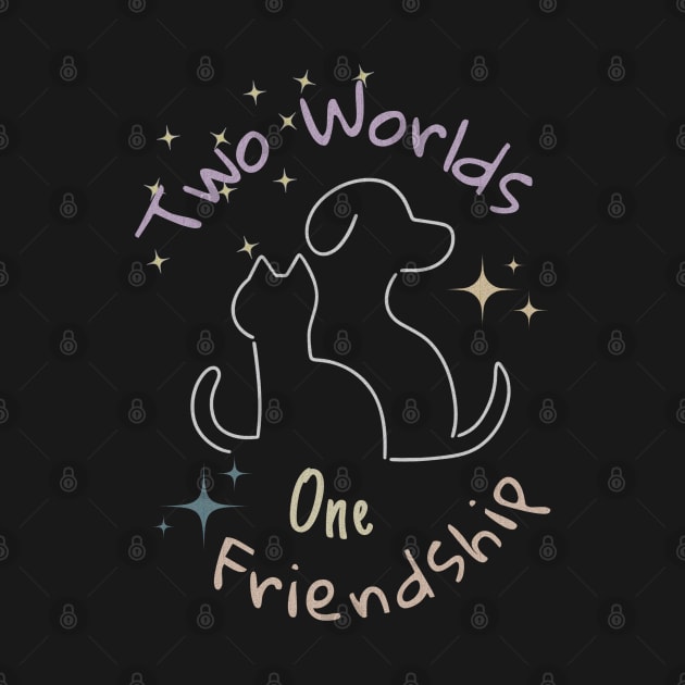 Two worlds, one friendship, white silhouettes of a dog and a cat against the background of colorful stars as a symbol of friendship between different personalities by PopArtyParty