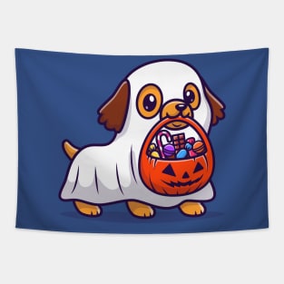 Cute Ghost Dog With Pumpkin Halloween Cartoon Tapestry