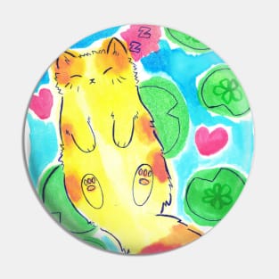 Watercolor Sleepy Lily Pad Tabby Cat Pin