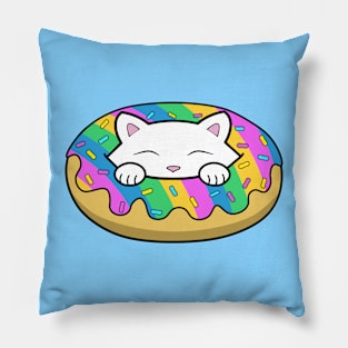 Cute white kitten eating a yummy looking rainbow doughnut with sprinkles on top of it Pillow