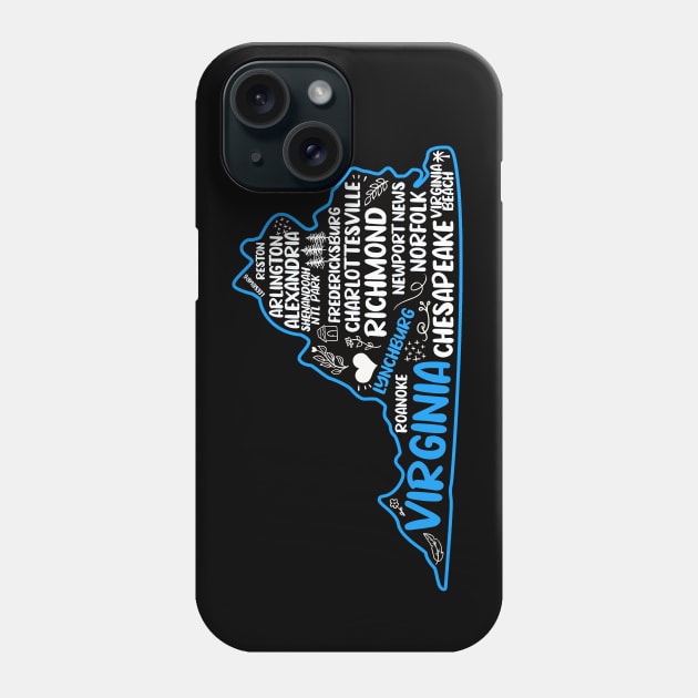 Lynchburg Virginia cute map Norfolk, Richmond, Newport News, Alexandria, Hampton, Roanoke, Suffolk, Reston Phone Case by BoogieCreates